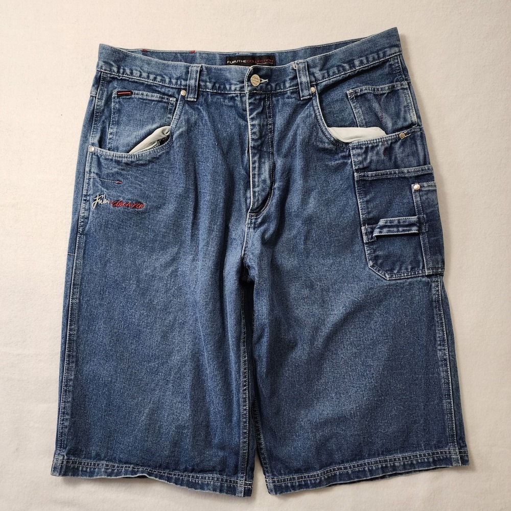 Vintage Y2k Fubu Carpenter Shorts Mens 40 Denim Jorts Baggy Embroidered Skater